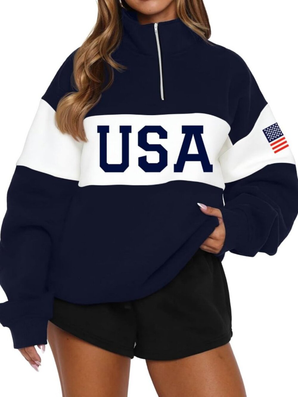 Patriotic Women's Long Sleeve Half Zip Sweatshirt - USA Flag Graphic Sweater